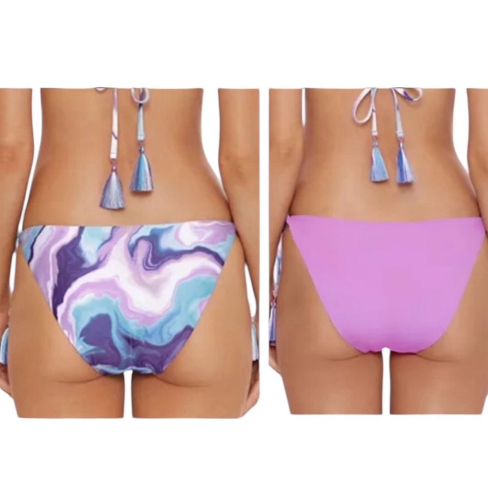BECCA TIE SIDE REVERSIBLE TASSEL SWIRL PURPLE PASTEL WHITE BIKINI BOTTOM S